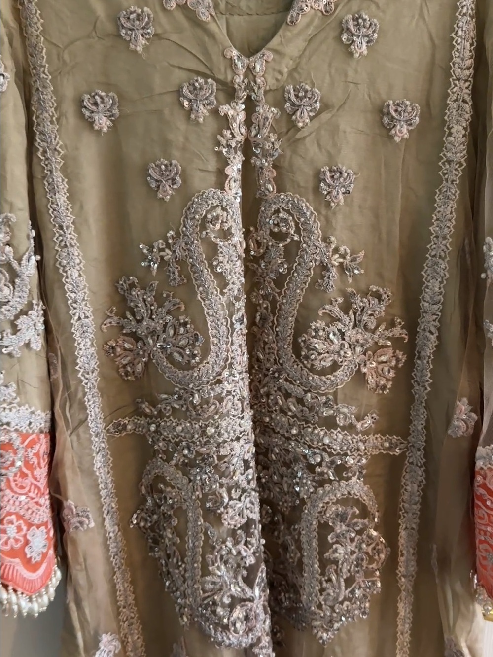 Sana Safinaz Beige 3-Piece Suit, Size XL Crystal & Pearl Embellished - Picture 7 of 17